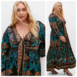 City Chic Black Baroque Floral Tie Front Maxi Dress XXL Plus NWT